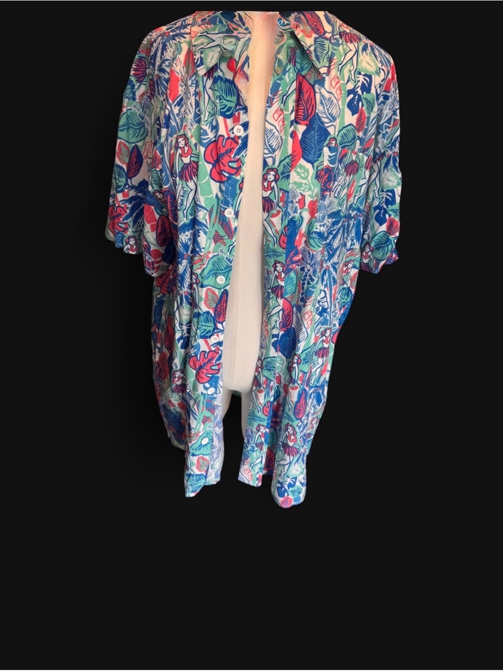 Tipsy Elves Blue, Pink & Mint Tropical Print Button-Up sz L cotton & rayon bl